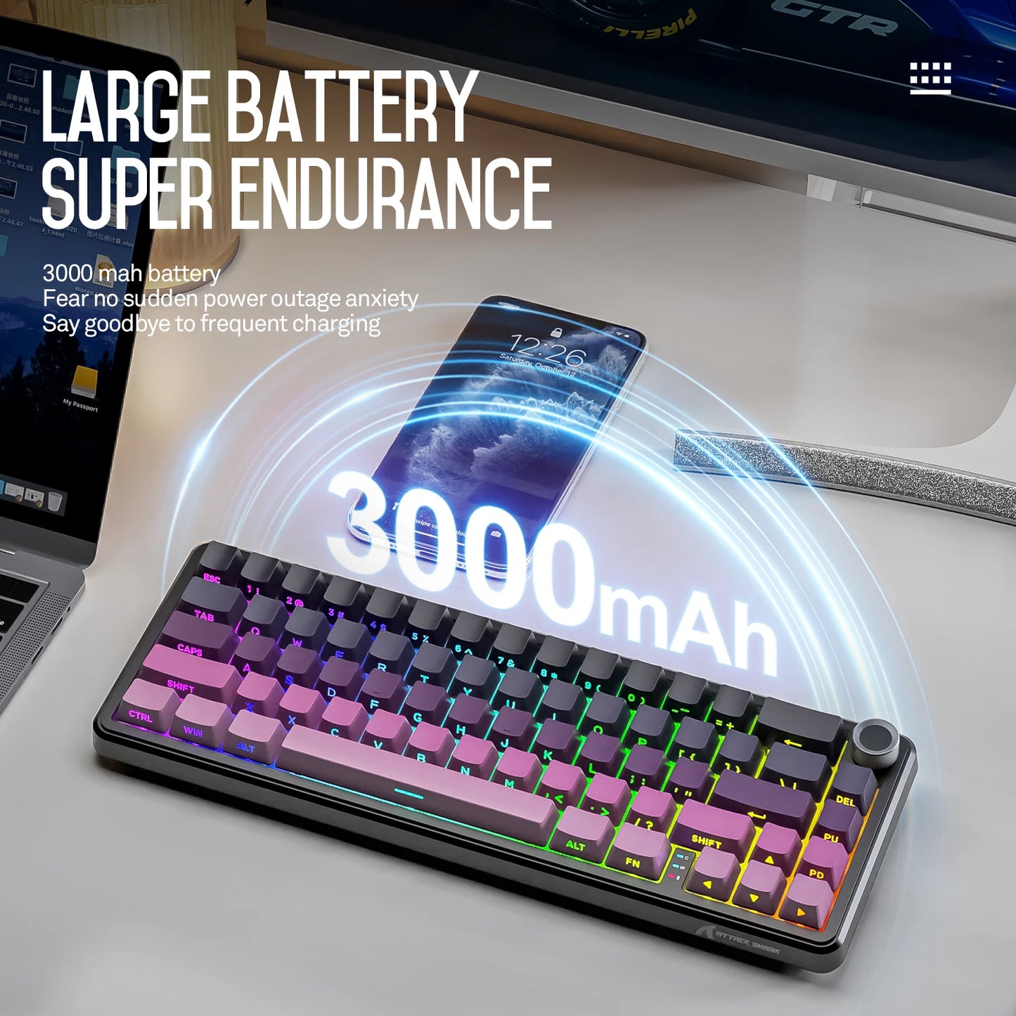 Teclado mecânico sem fios Attack Shark X66, layout compacto 65%, retroiluminação RGB, gasket, hot swap, Bluetooth, USB-C, PBT, bateria de grande capacidade