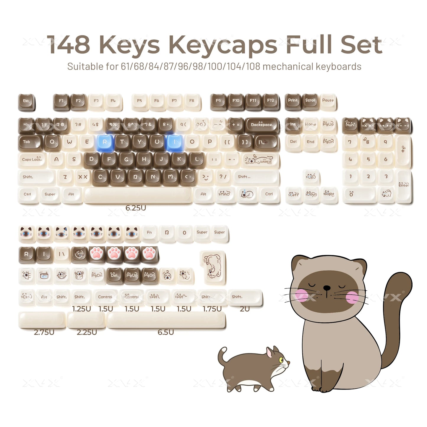 Keycaps XVX 148 Teclas Tema Gato Perfil MAO Keycap Coreana Brilhante e Fofa para Teclado 61 64 68 78 87 96 98 104 108