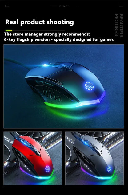 Mouse cu fir Inphic W1, mouse eSports pentru gaming, mouse silențios pentru birou, opțiuni cu trei taste și șase taste