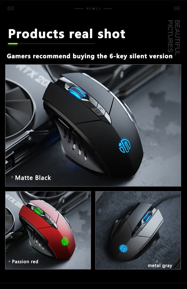 Mouse cu fir Inphic W1, mouse eSports pentru gaming, mouse silențios pentru birou, opțiuni cu trei taste și șase taste