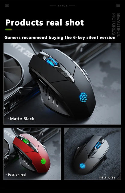 Mouse cu fir Inphic W1, mouse eSports pentru gaming, mouse silențios pentru birou, opțiuni cu trei taste și șase taste