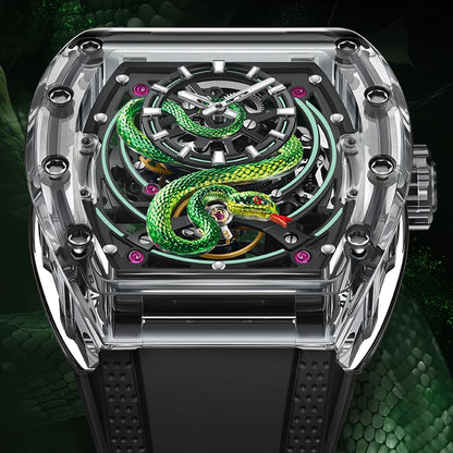 BONEST GATTI Men Mechanical Watch Sapphire Crystal Double Sided Hollow Out Luminous 30M Waterproof Snake Pattern Dial Wristwatch
