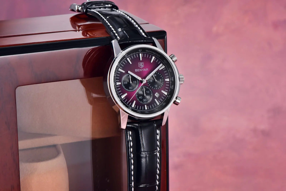 Relógio de luxo para homem Benyar – Cronógrafo com data, bracelete em pele, estanque, luminescente, estilo desportivo e militar, relógio de quartzo