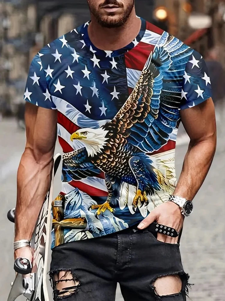 Patriottisch 3D-T-shirt met adelaarsprint voor heren, casual T-shirt met ronde hals en korte mouwen, ideaal voor zomermode en buitenactiviteiten, herenkleding