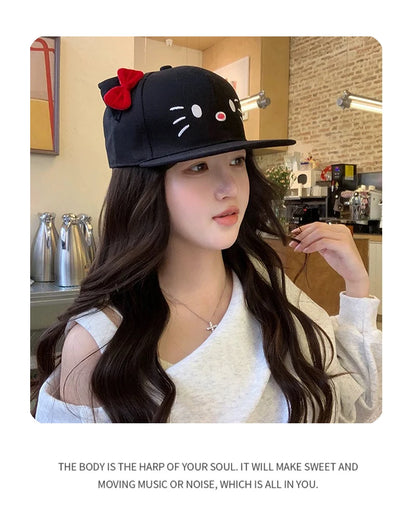 Breathable Cute Sunshade Flat Eave Peaked Caps Versatile ins Fashion Niche New Unisex Funny Kitty Embroidery Bow Baseball Hats