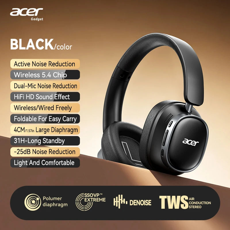 Acer Ohr633 2026 Nouveau modèle de casque Bluetooth sans fil, qualité sonore stéréo Hifi, réduction du bruit des appels, conception pliable et réglable, microphone haute définition intégré, casque de jeu