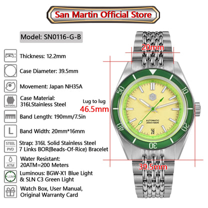 San Martin 39.5mm Summer Dive Watch Fashion Fun Fruit Series Men Sports Watches NH35 Automatic Mechanical 20 ATM SN0116 Reloj
