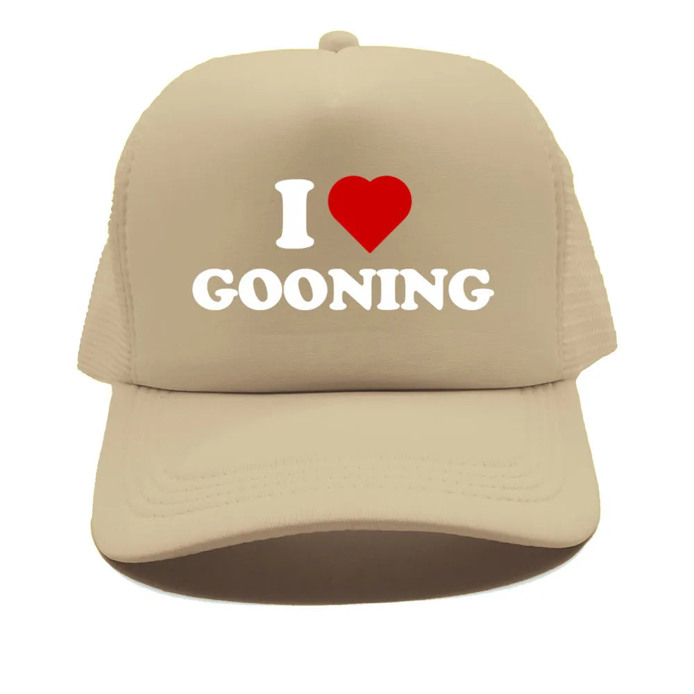 Juokingos „I Love Gooning“ beisbolo kepurės. Šaunios vasarinės vyriškos tinklinės kepurės. Humoro kupinos „Trucker“ stiliaus kepurės. Unisex lauko tinklinės kepurės MZ-080