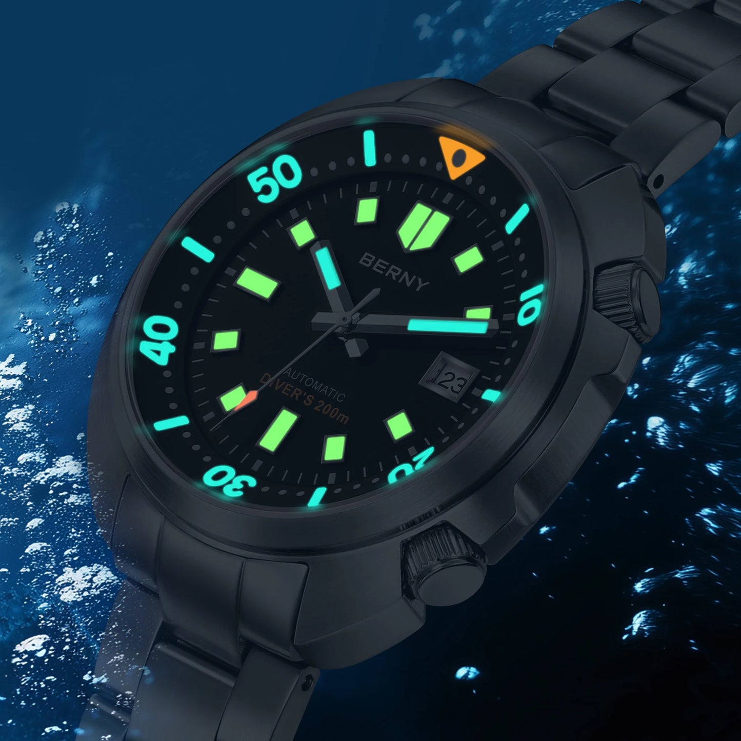 BERNY Automatic Dual Crown Diver Watch For Men Super Luminous Miyota 8215 Sapphire Swim Sport 20ATM Mechanical Men's Dive Watch