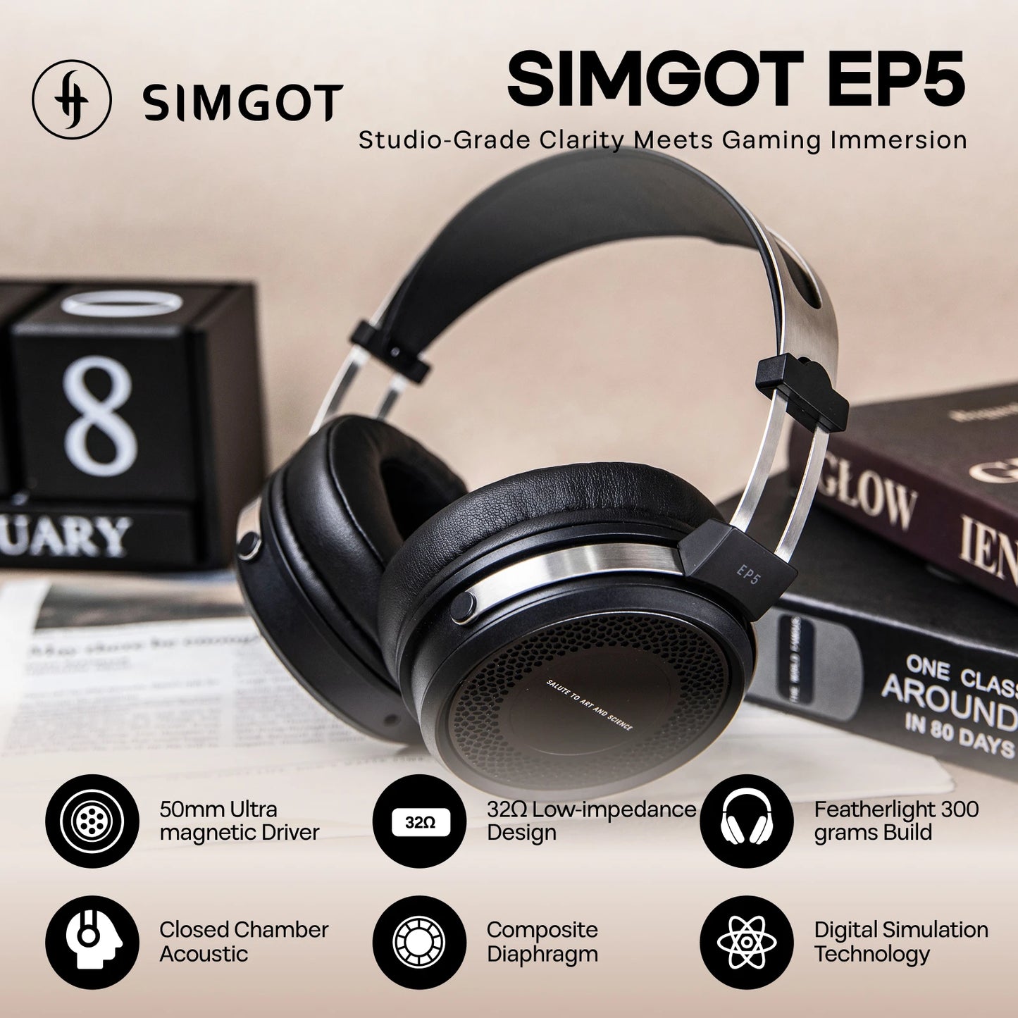 SIMGOT EP5 Auriculares con cable de alto rendimiento con transductor dinámico de 50mm – Headset gaming HiFi, baja impedancia, alta sensibilidad, sonido envolvente 7.1