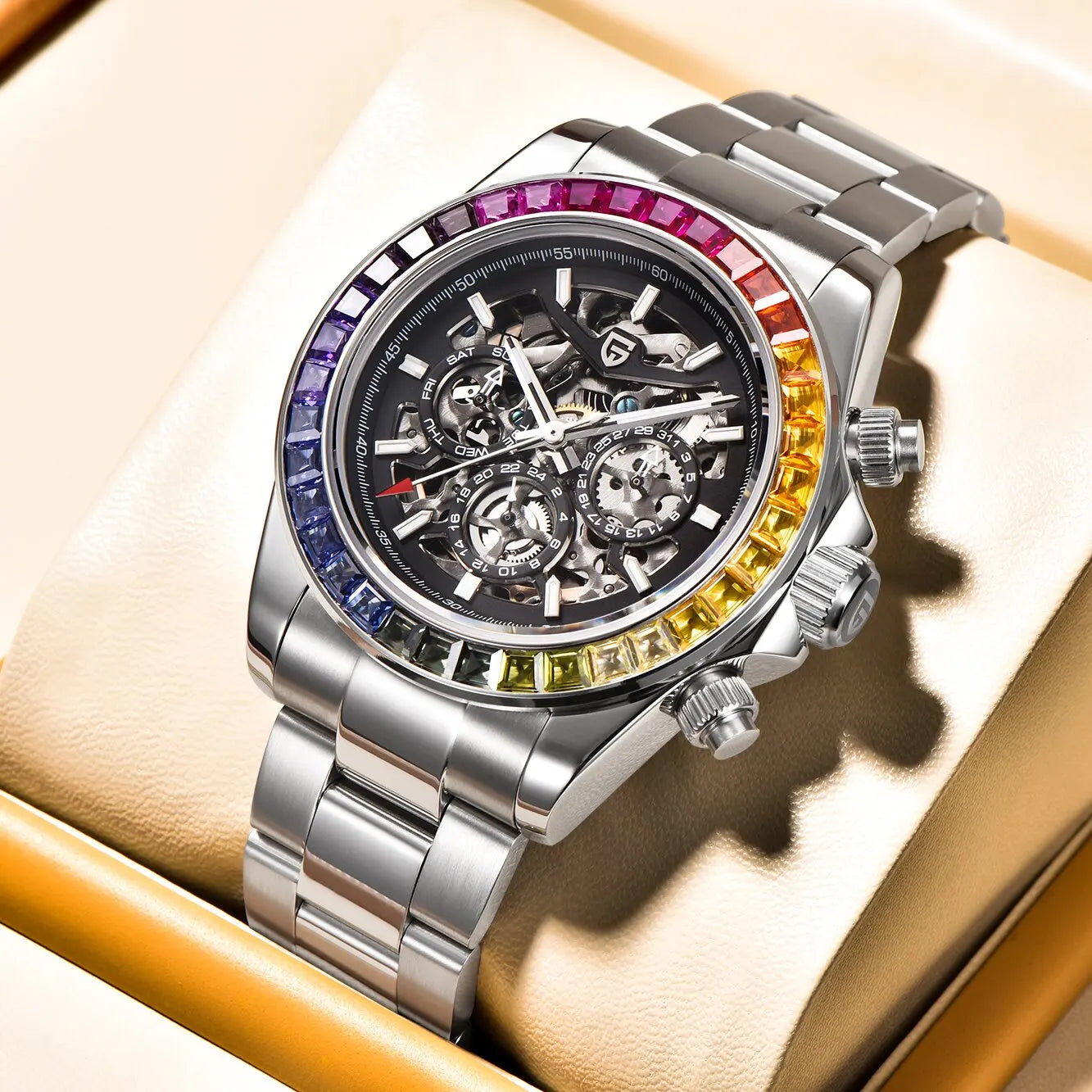 PAGANI DESIGN Personalized Men Automatic Mechanical Watch Colorful Gemstone Bezel Small Three-Pin Tachymeter Design Chronograph