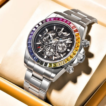 PAGANI DESIGN Personalized Men Automatic Mechanical Watch Colorful Gemstone Bezel Small Three-Pin Tachymeter Design Chronograph