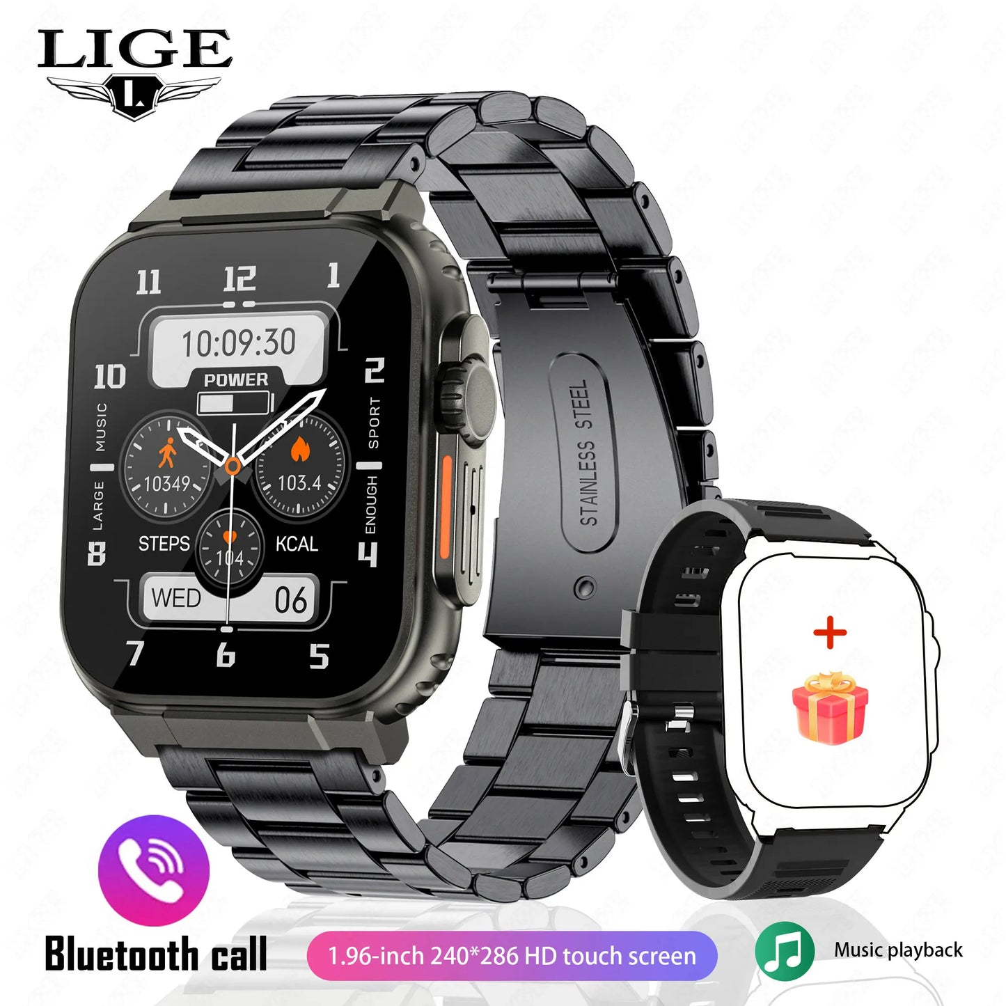 LIGE 600mAh New Ultra Smart Watch Men Bluetooth Call TWS Local Music Sport Clock 1.96'' IP68 Waterproof Relógio Smartwatch Women