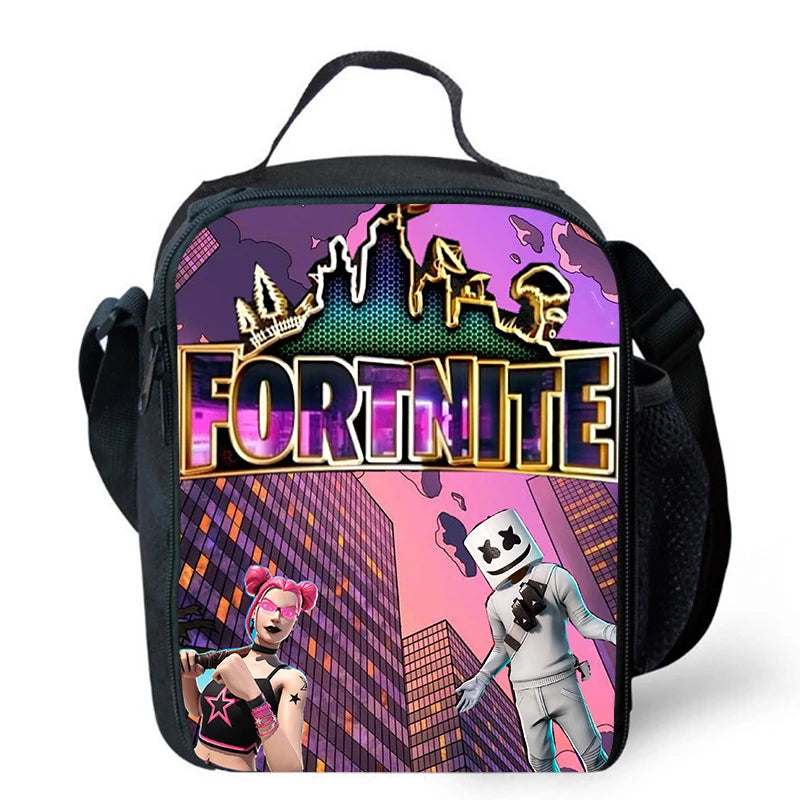 Fortnite cartoon lunch bag, portable insulated lunch bag, reusable food storage bag, suitable for children and students.