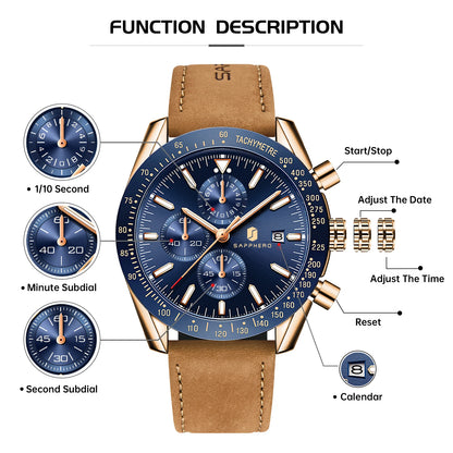 SAPPHERO Men Chronograph Watch High Precision Quartz Movement Blue Dial Date Display 50M Waterproof Luxury Sport Wristwatch Gift
