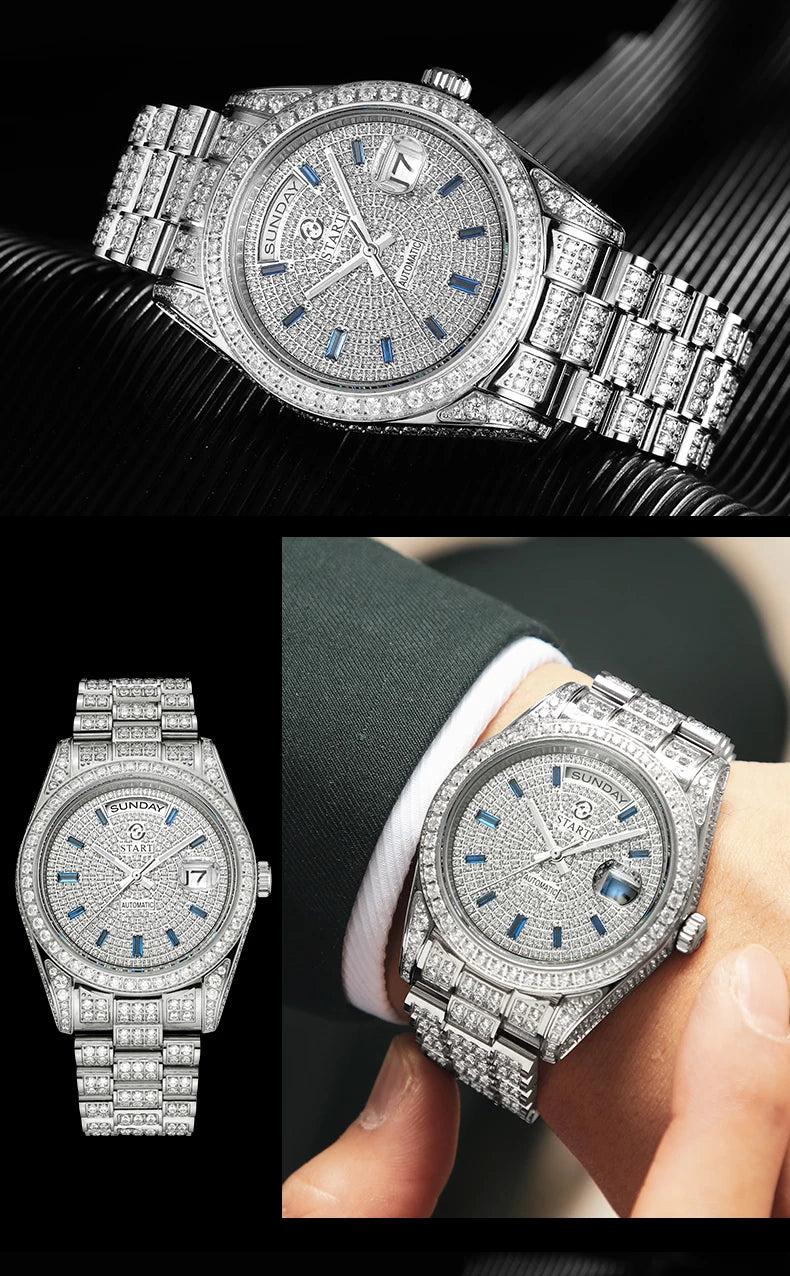 【START】Men's Watch Swiss Automatic Mechanical Movement Diamond Watch Waterproof Date Week Function Golden Watch