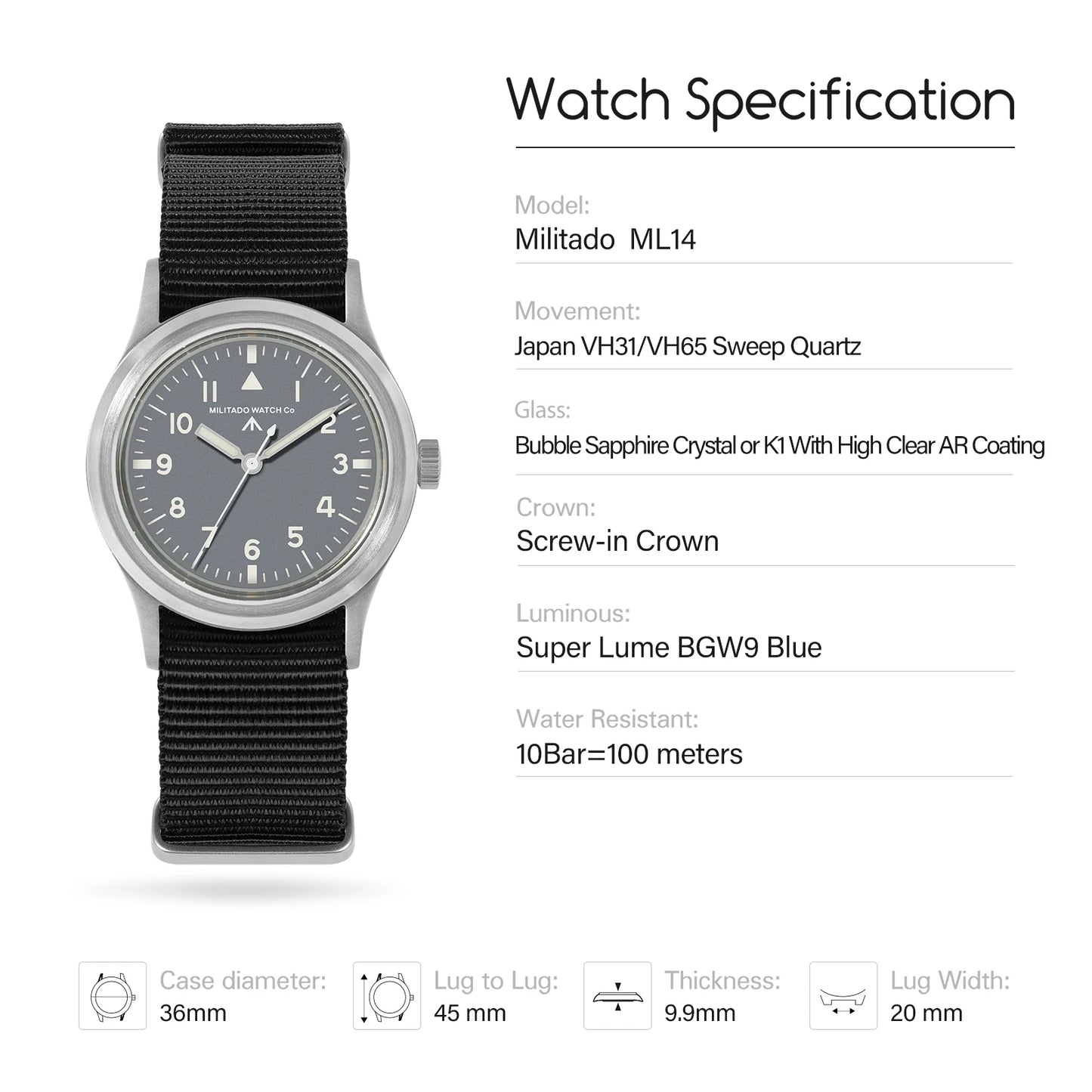 Militado ML14 Quartz Watch VH31 Movement Bubble Sapphire Crystal Vintage Watch 100m Waterproof BGW9 C3 Luminous Watch