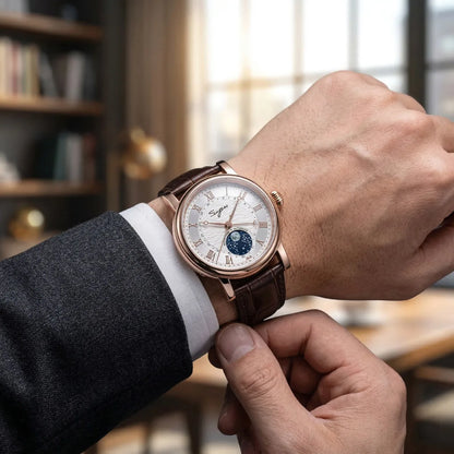 Sugess Watches for Men Automatic Mechanical Watch Moonphase Tianjin ST2108 Waterproof Date Hands Sapphire Crystal Rome Wave Dial