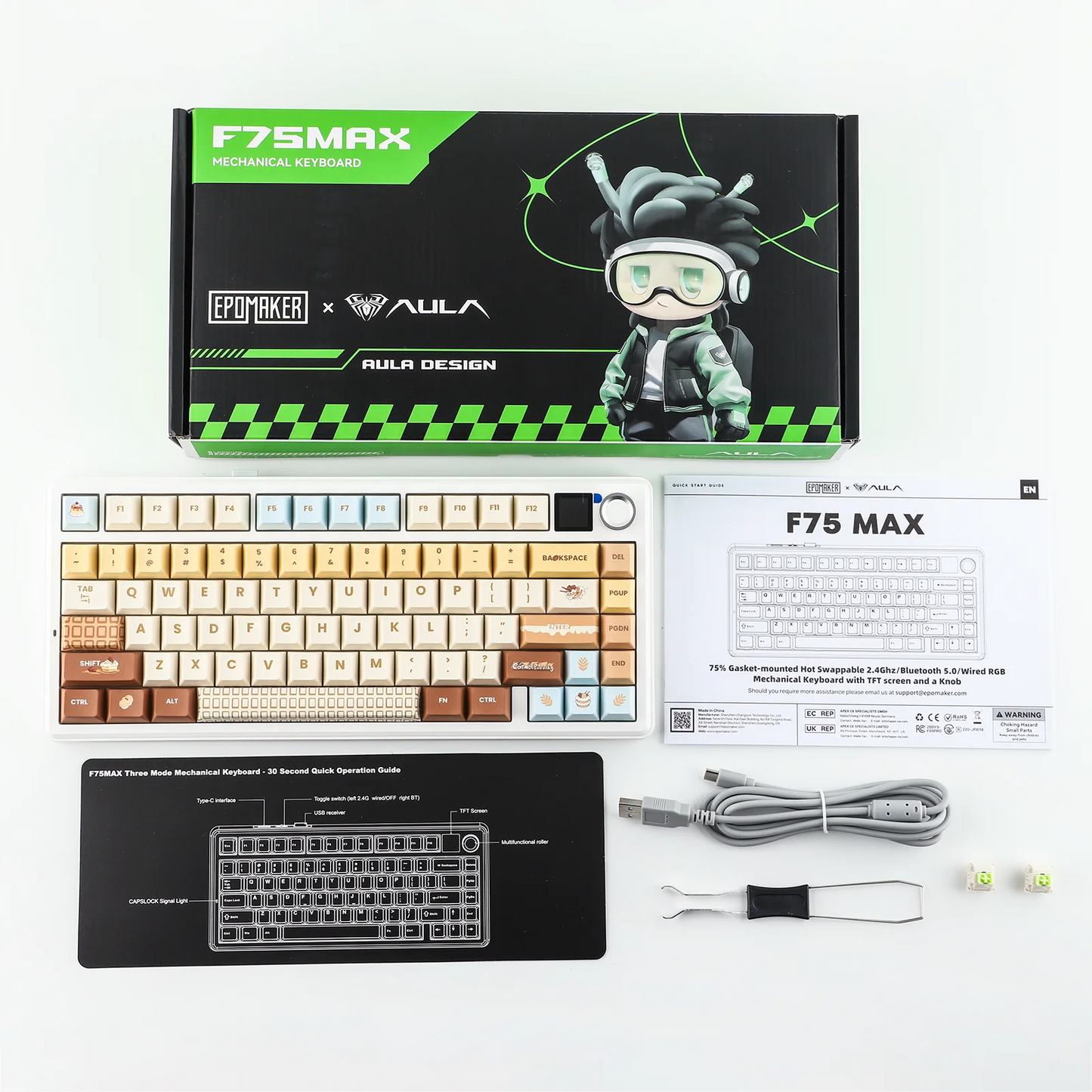 Teclado mecánico inalámbrico EPOMAKER X AULA F75 MAX compacto 75% con distribución ANSI, conexión por cable/Bluetooth/2.4GHz, pantalla TFT y perilla