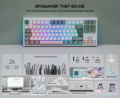 EPOMAKER TH87 ISO-DE Tenkeyless TKL Layout Gasket Wired/Bluetooth/2.4 GHz Wireless Mechanical Keyboard with RGB Backlight