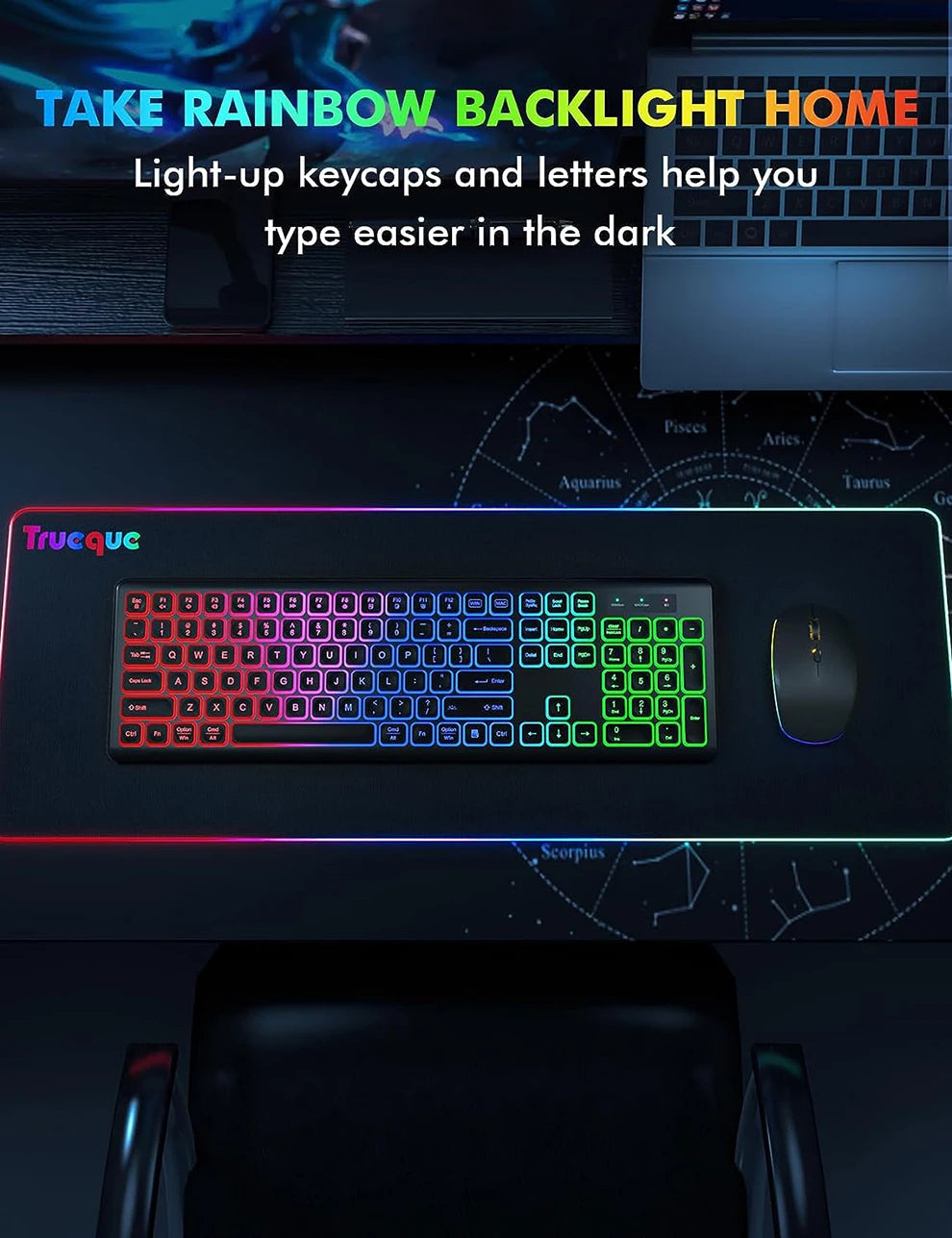 Conjunto de teclado e rato sem fios com retroiluminação RGB, letras iluminadas recarregáveis, tamanho completo, ergonómico, modo de suspensão, 2.4GHz
