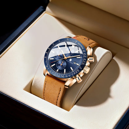 SAPPHERO Men Chronograph Watch High Precision Quartz Movement Blue Dial Date Display 50M Waterproof Luxury Sport Wristwatch Gift