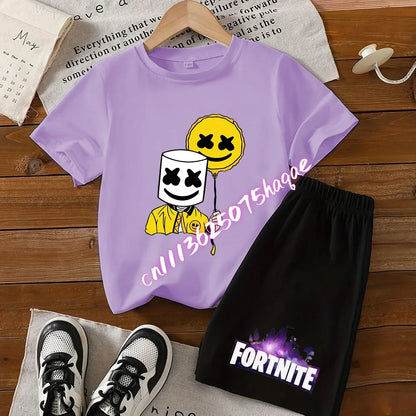 Sommer-Fortnite-T-Shirt und Shorts für Jungen und Mädchen, 2-teiliges Kinder-Set mit Oberteil und Hose, Fortress-Night-Print, Geschenk