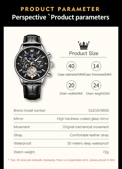 OLEVS 6658 Automatic Mechanical Watch for Man Leather Strap Waterproof Moon Phase Business Dress Men's Watches