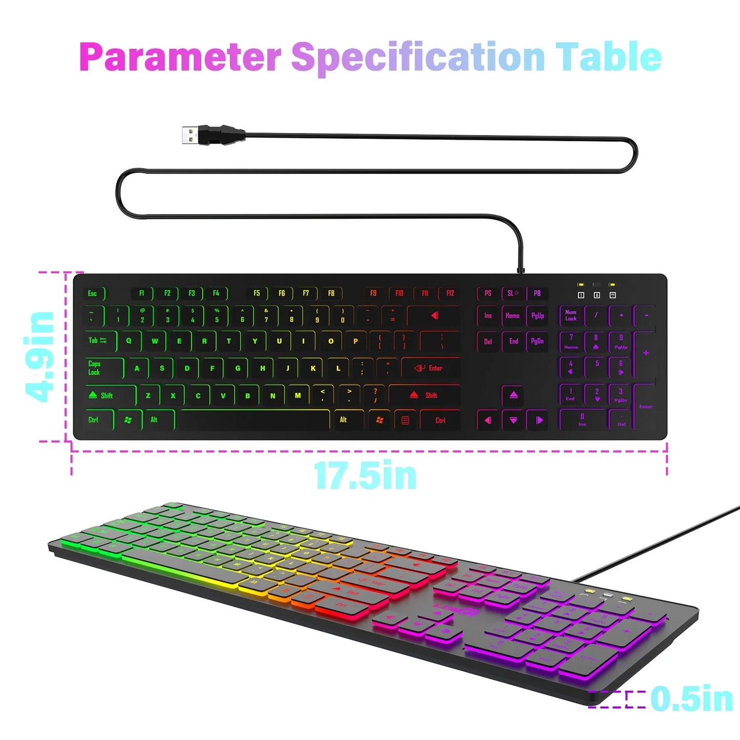 Tastiera da gaming per computer retroilluminata RGB silenziosa, tastiera cablata USB per ufficio e casa, russo, francese, spagnolo, tedesco, arabo, inglese