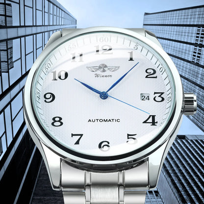 Relógio de homem WINNER – Estilo clássico, retro e elegante – Relógio mecânico automático com calendário – Marca de luxo, caixa em aço e bracelete em pele
