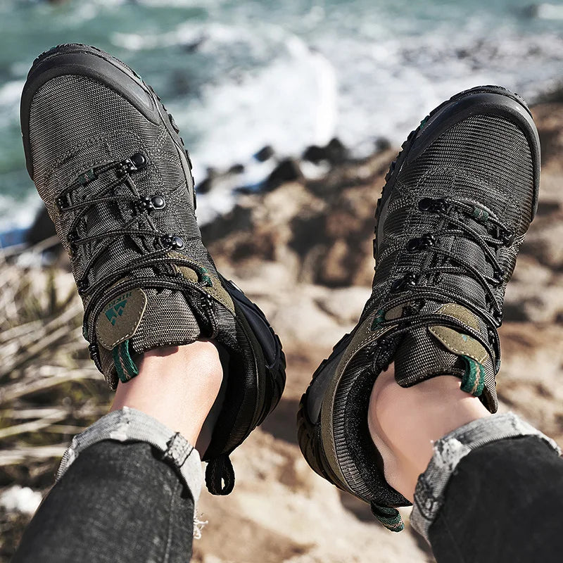 HIKEUP Zapatillas de senderismo para hombre de cuatro estaciones, calzado deportivo de exterior en cuero genuino resistente al desgaste, zapatos de escalada con suela de goma para trekking