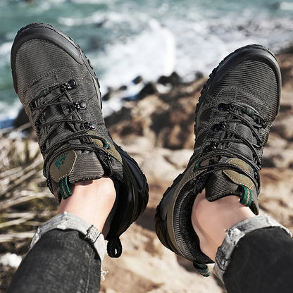 HIKEUP Zapatillas de senderismo para hombre de cuatro estaciones, calzado deportivo de exterior en cuero genuino resistente al desgaste, zapatos de escalada con suela de goma para trekking