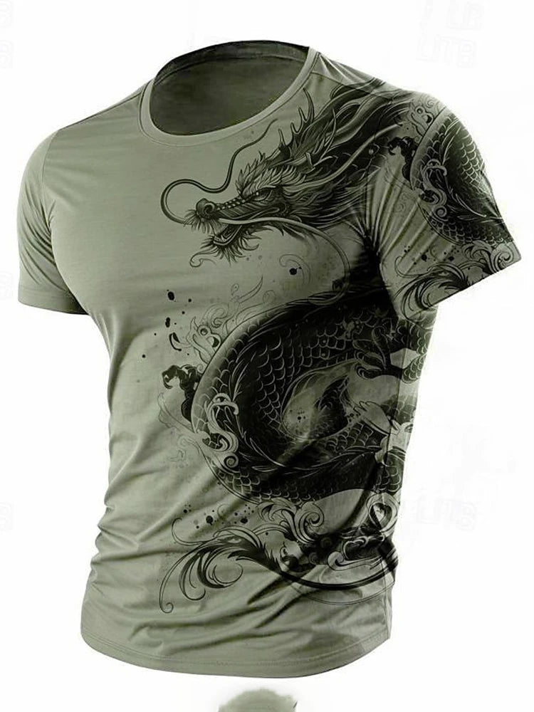 Camiseta de hombre con estampado de dragón 3D, informal de verano para diario, camiseta urbana de hombre para deportes al aire libre, manga corta, moda urbana