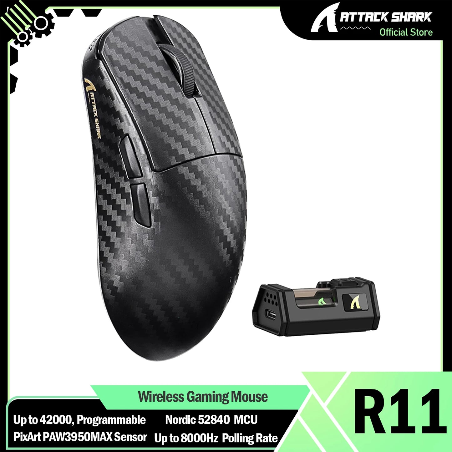 ATTACK SHARK R11 ULTRA 49g od karbonskih vlakana 8000Hz bežični gaming miš, 42000 DPI, 20000 FPS, PAW3950MAX, Nordic 52840 čip