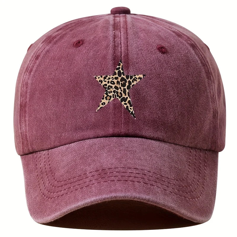 Retro imitation baseball cap with leopard print star design for leisure outdoor travel, fishing, and hiking
