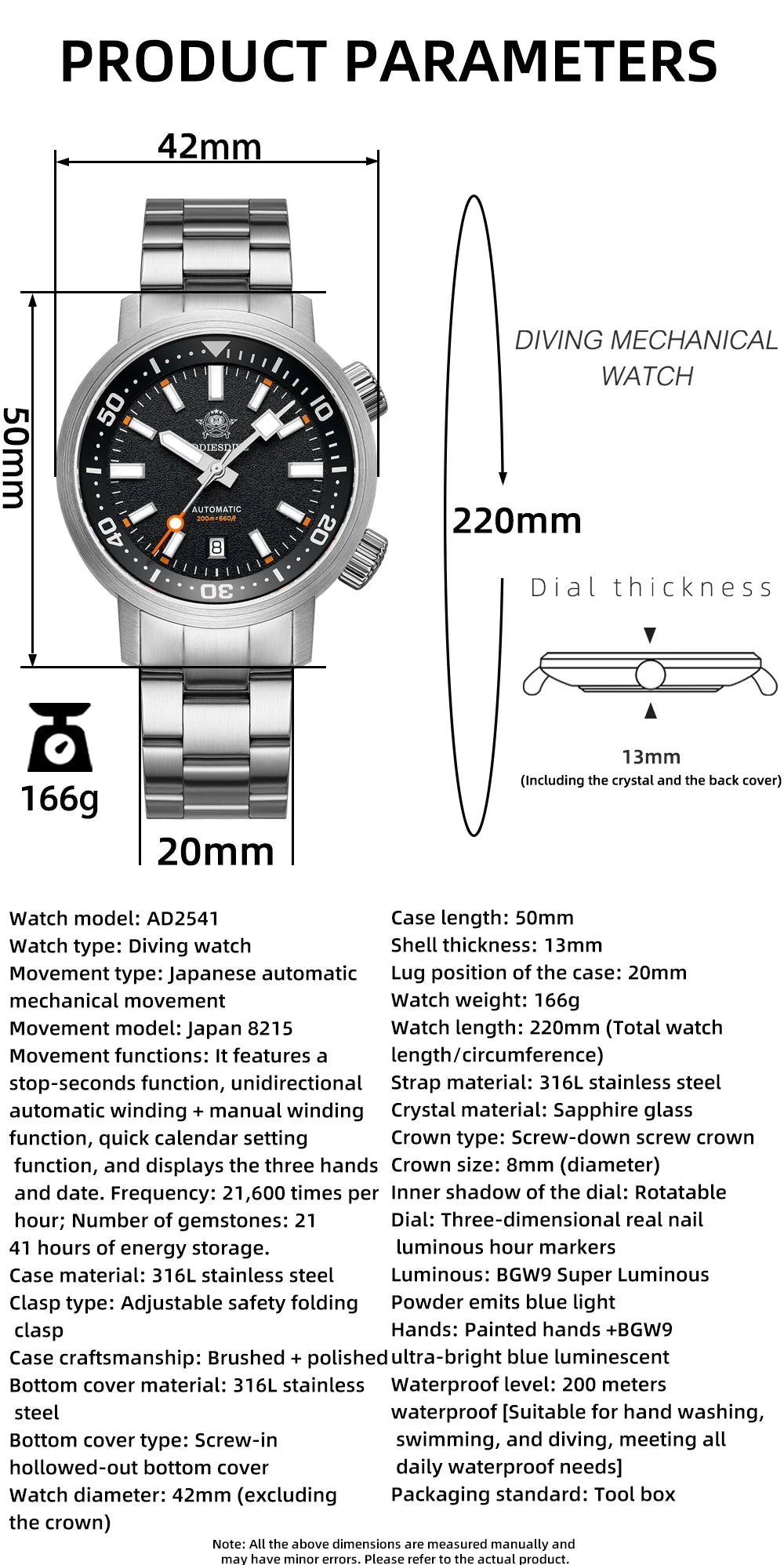 ADDIESDIVE New AD2541 Men Watch 200m Waterproof Sapphire Crystal BGW9 Luminous 316L Stainless Steel Automatic Mechanical Watch