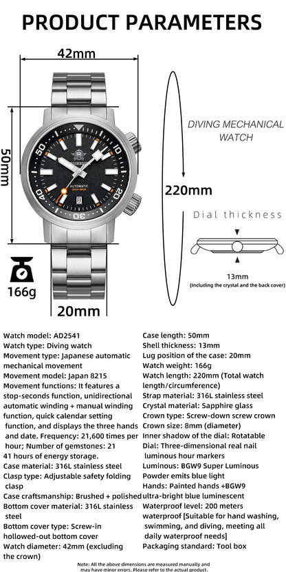 ADDIESDIVE New AD2541 Men Watch 200m Waterproof Sapphire Crystal BGW9 Luminous 316L Stainless Steel Automatic Mechanical Watch