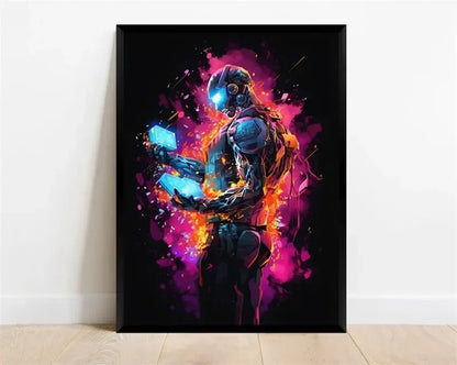Póster Néon de Personagem de Videojogo com Gamepad, Auscultadores, Futebol e Basquetebol em Tela — Arte de Parede para Decoração de Quarto Gaming