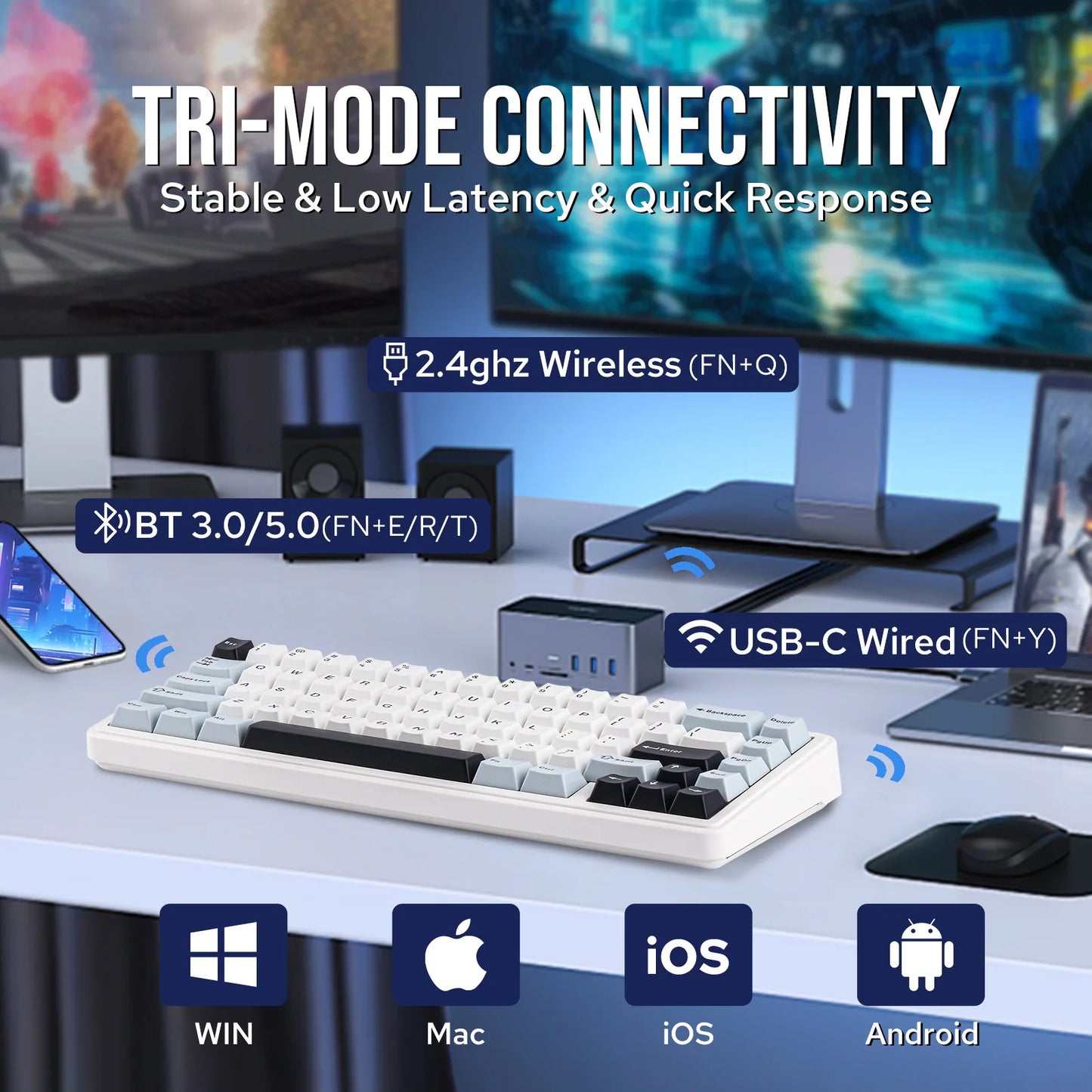 Teclado mecánico EPOMAKER x AULA F65 con distribución 65%, hot-swap, montaje gasket y conexión con cable/Bluetooth/inalámbrica 2.4G para Mac/Win