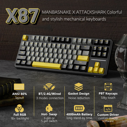 Teclado Mecânico Gaming Sem Fios ATTACK SHARK X87, Tri-Mode BT5.0/2.4GHz/USB-C, Gasket Hot Swappable Personalizado, Pré-lubrificado