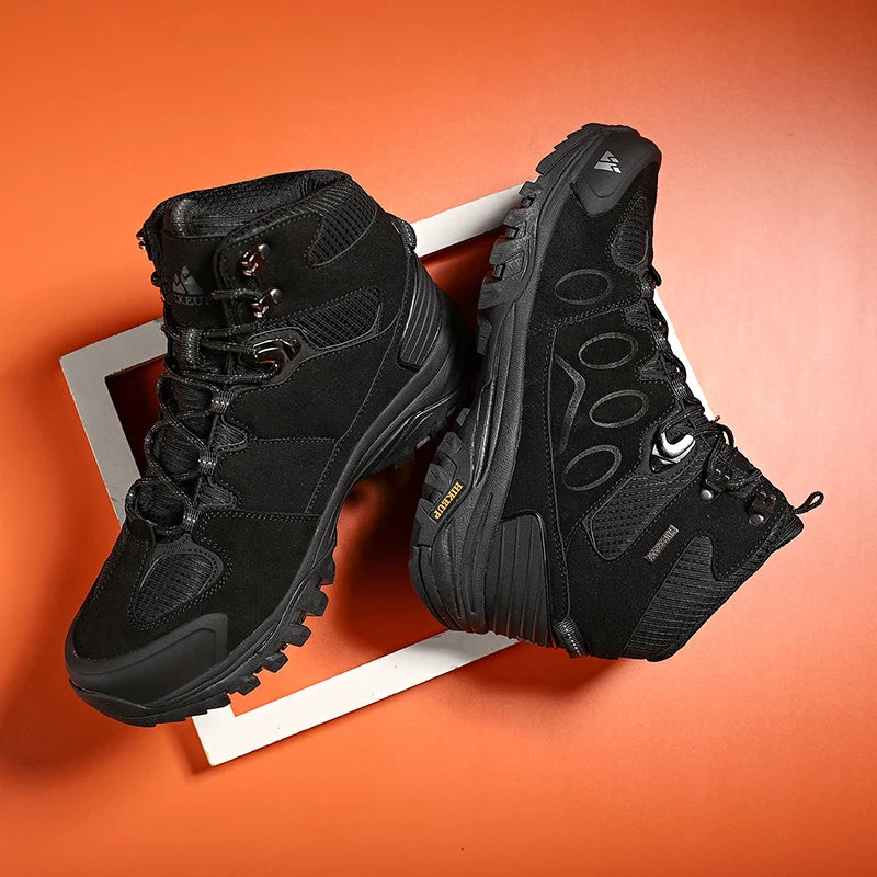 Botas de caminhada de cano alto HIKEUP para homem, calçado de inverno para exterior, com atacadores, antiderrapantes, desportivas casuais para trekking, impermeáveis, em camurça
