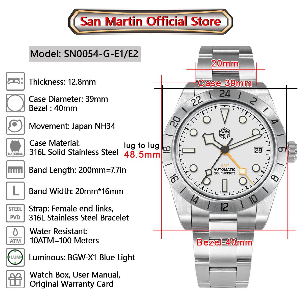 San Martin Nuevo reloj mecánico automático NH34 BB GMT de 39mm, reloj deportivo de zafiro, luminoso, impermeable 100m para hombre, Relogio SN0054