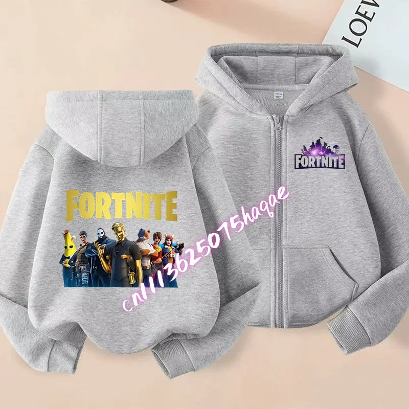 Casacos com capuz e fecho para criança Fortnites, sweatshirts Anime Fortress Night, sweatshirts gaming de primavera/outono, roupa desportiva infantil, presente