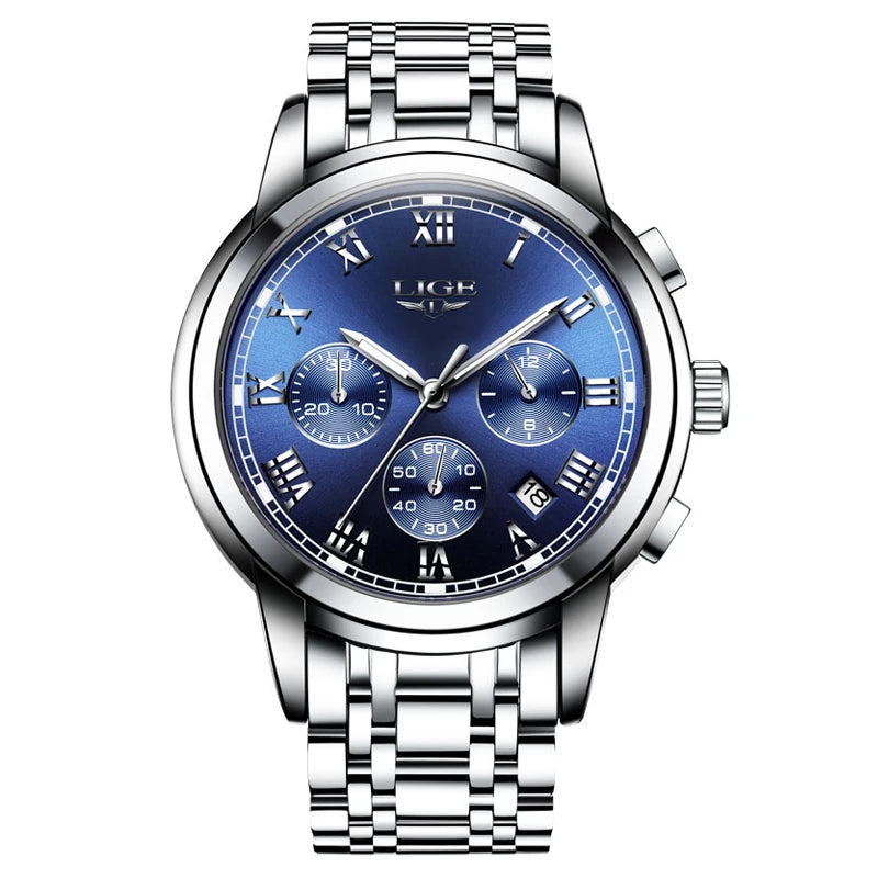 Relógio para homem LIGE – Cronógrafo de luxo, estilo desportivo descontraído, estanque, totalmente em aço, movimento de quartzo