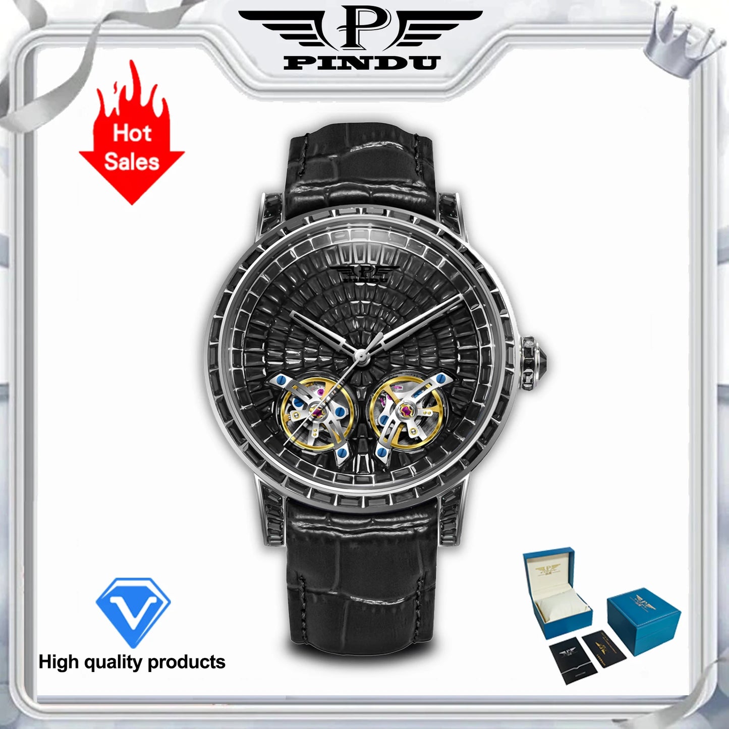 2026 PINDU Design New Diamond Mechanical Watch Men Top Luxury Double Flying Wheel Watch Sapphire Glass Waterproof Watch Leather