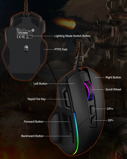 E-YOOSO X49 laidinė žaidimų pelė, reguliuojamas 12400 DPI jautrumas, RGB apšvietimas, 8 programuojami mygtukai, ergonomiška žaidimų pelė PC ir nešiojamajam kompiuteriui