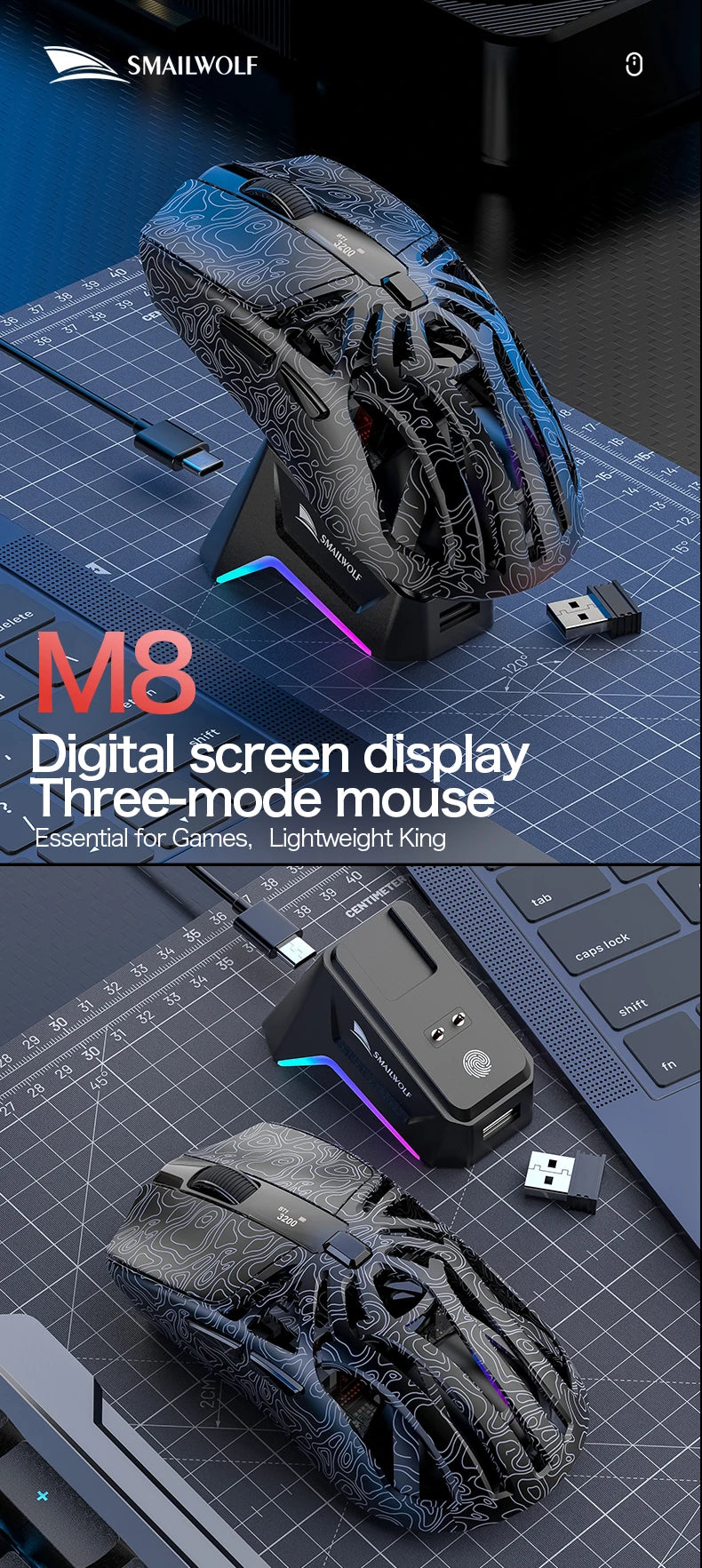 SMAILWOLF M8 Bluetooth wireless mouse, three-mode RGB charging base e-sports gaming mouse, PAW3311 lightweight gaming office