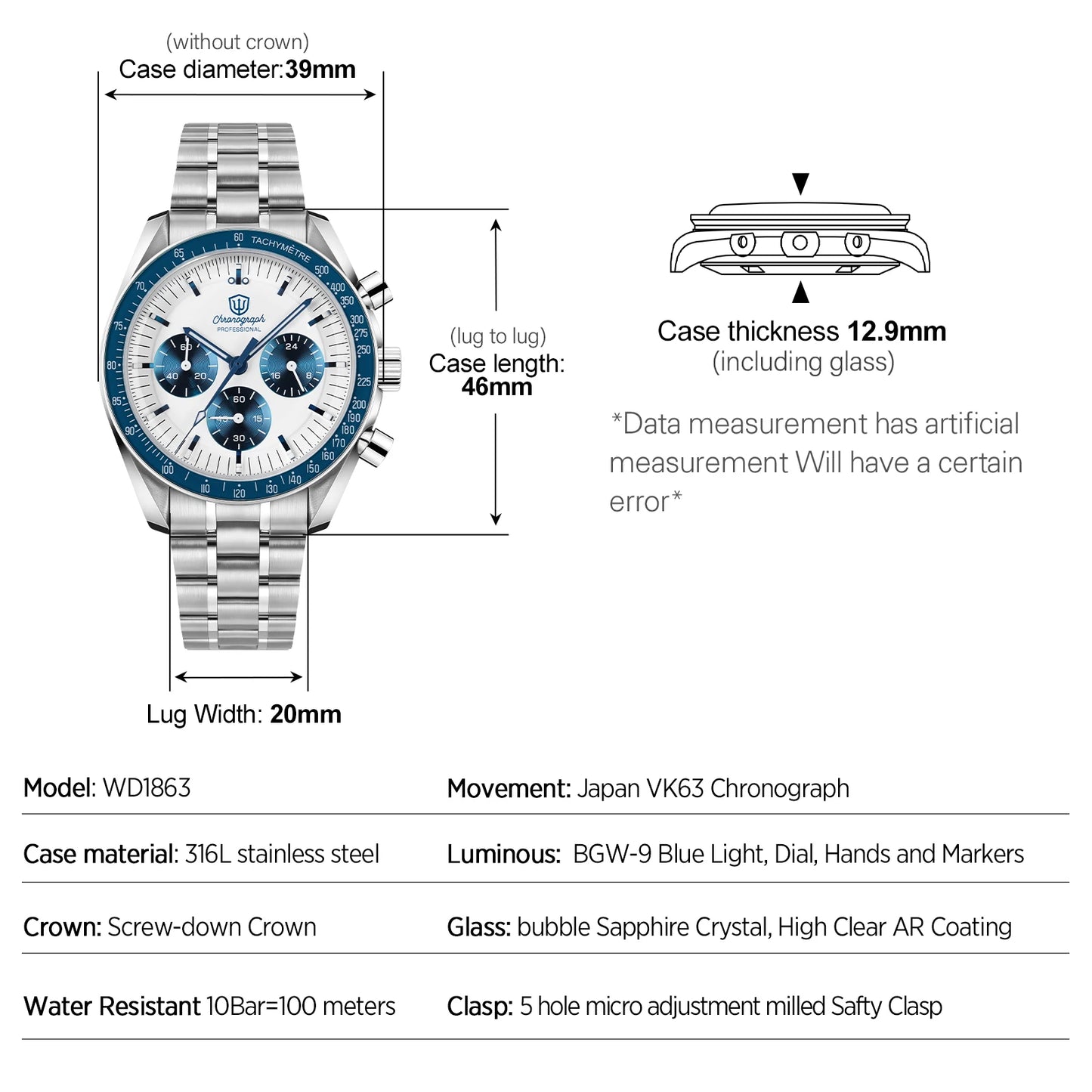 Watchdives WD1863 Watch VK63 Quartz Chronograph Movement Bubble Sapphire Crystal 100m Waterproof Luminous 39mm Vintage Watches
