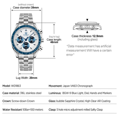 Watchdives WD1863 Watch VK63 Quartz Chronograph Movement Bubble Sapphire Crystal 100m Waterproof Luminous 39mm Vintage Watches