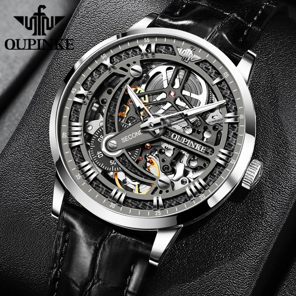 OUPINKE 3173 Skeleton Automatic Mechanical Watch Luxury Brand 50M Waterproof Watch Leather Strap Mens Watch Box Gifts Reloj